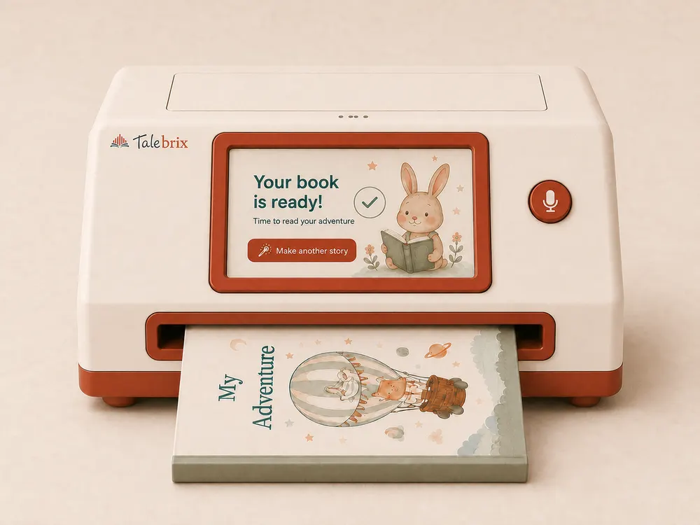 Talebrix from the front, a finished picture book sliding out of the wide slot below the display. The display says the book is ready.