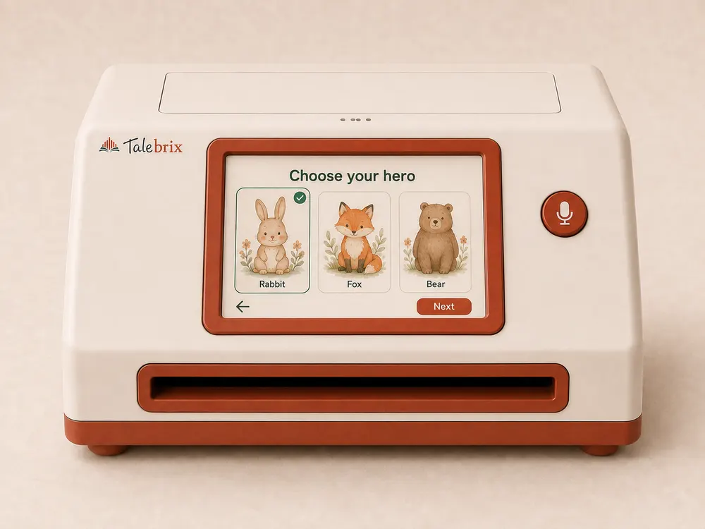 The display from the front, offering three painted animals to pick between — a rabbit, a fox and a bear — with the rabbit chosen.