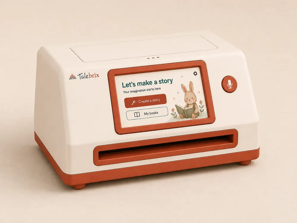 Talebrix from the front and slightly to the left. A cream body on a red base, a small display beside a round red button, and the slot the book comes out of across the front.