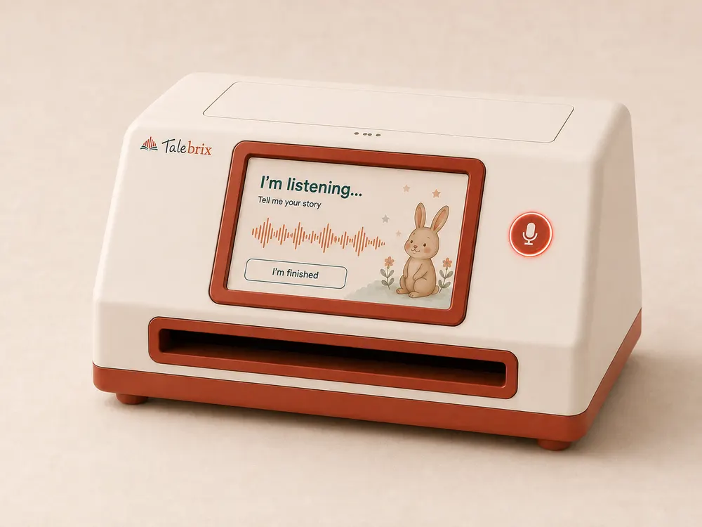 The same machine from the right, the button lit and the display drawing a moving line of sound while somebody talks to it.