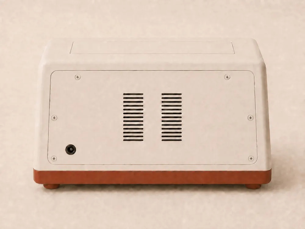 The back of Talebrix, a cream panel with two sets of vents and one round power socket at the bottom left.