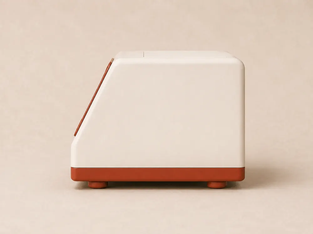 Talebrix in profile, a plain cream box with a sloped front where the display sits, standing on a red base with two round feet.