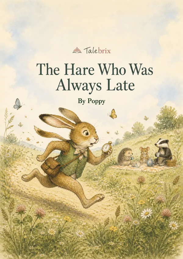 The Hare Who Was Always Late. By Poppy. Front cover.