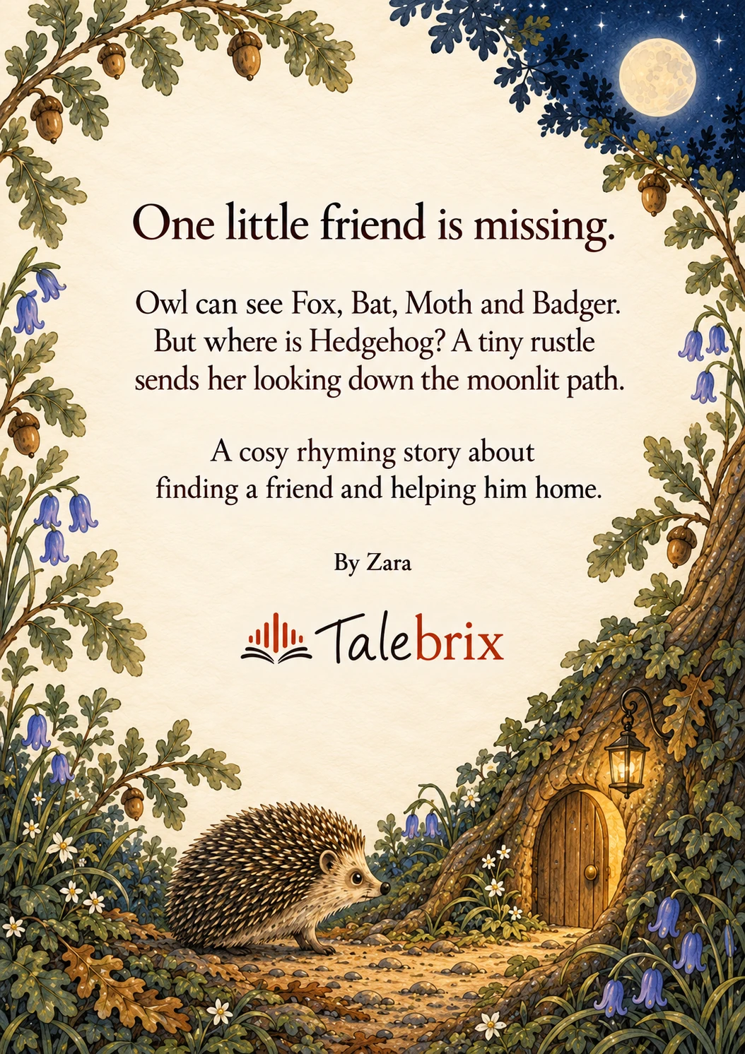 Back cover. One little friend is missing.
Owl can see Fox, Bat, Moth and Badger. But where is Hedgehog? A tiny rustle sends her looking down the moonlit path.
A cosy rhyming story about finding a friend and helping him home.