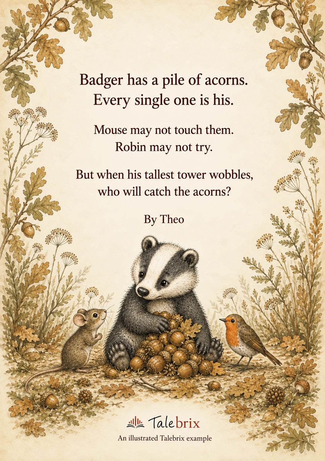 Back cover. Badger has a pile of acorns.
Every single one is his.
Mouse may not touch them.
Robin may not try.
But when his tallest tower wobbles,
who will catch the acorns?