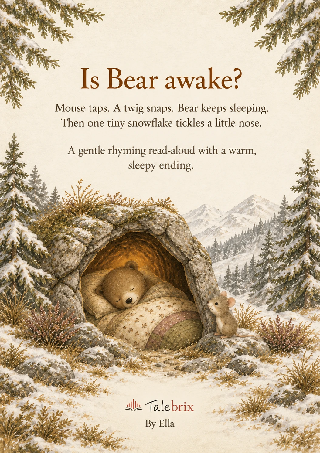 Back cover. Is Bear awake?
Mouse taps. A twig snaps. Bear keeps sleeping.
Then one tiny snowflake tickles a little nose.
A gentle rhyming read-aloud with a warm, sleepy ending.