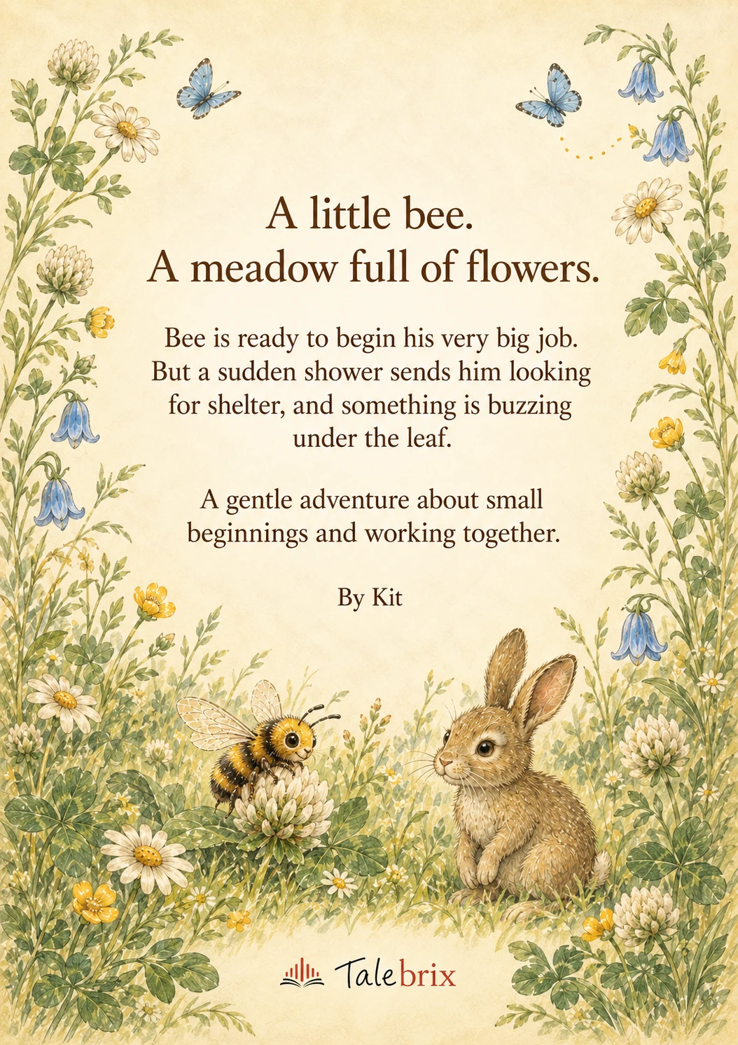 Back cover. A little bee.
A meadow full of flowers.
Bee is ready to begin his very big job. But a sudden shower sends him looking for shelter, and something is buzzing under the leaf.
A gentle adventure about small beginnings and working together.