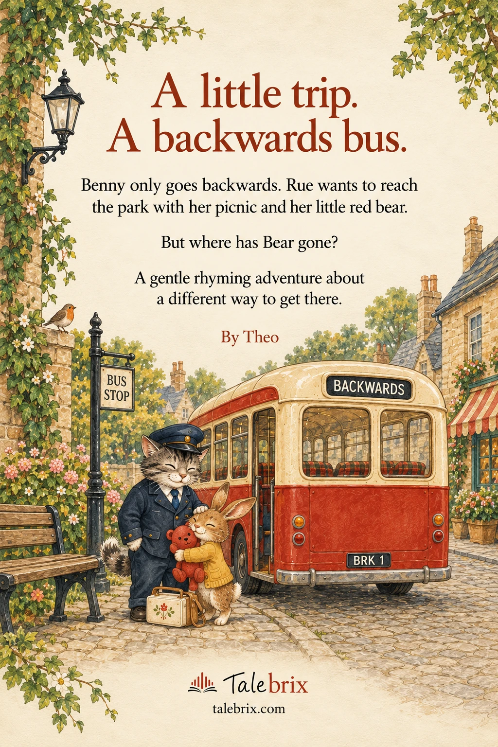 Back cover. Benny only goes backwards. Rue wants to reach the park with her picnic and her little red bear.
But where has Bear gone?
A gentle rhyming adventure about a different way to get there.