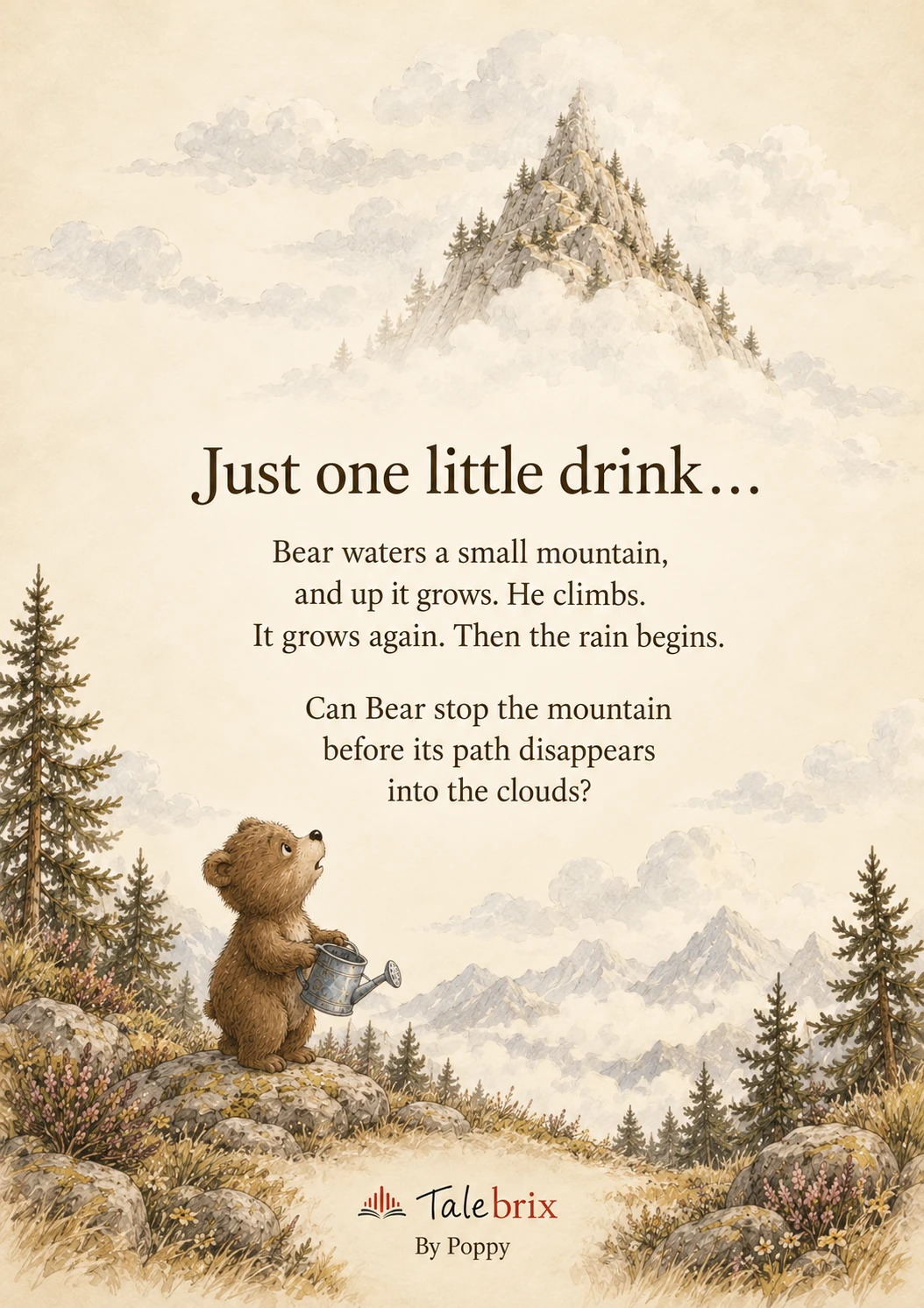 Back cover. Just one little drink…
Bear waters a small mountain, and up it grows. He climbs. It grows again. Then the rain begins.
Can Bear stop the mountain before its path disappears into the clouds?