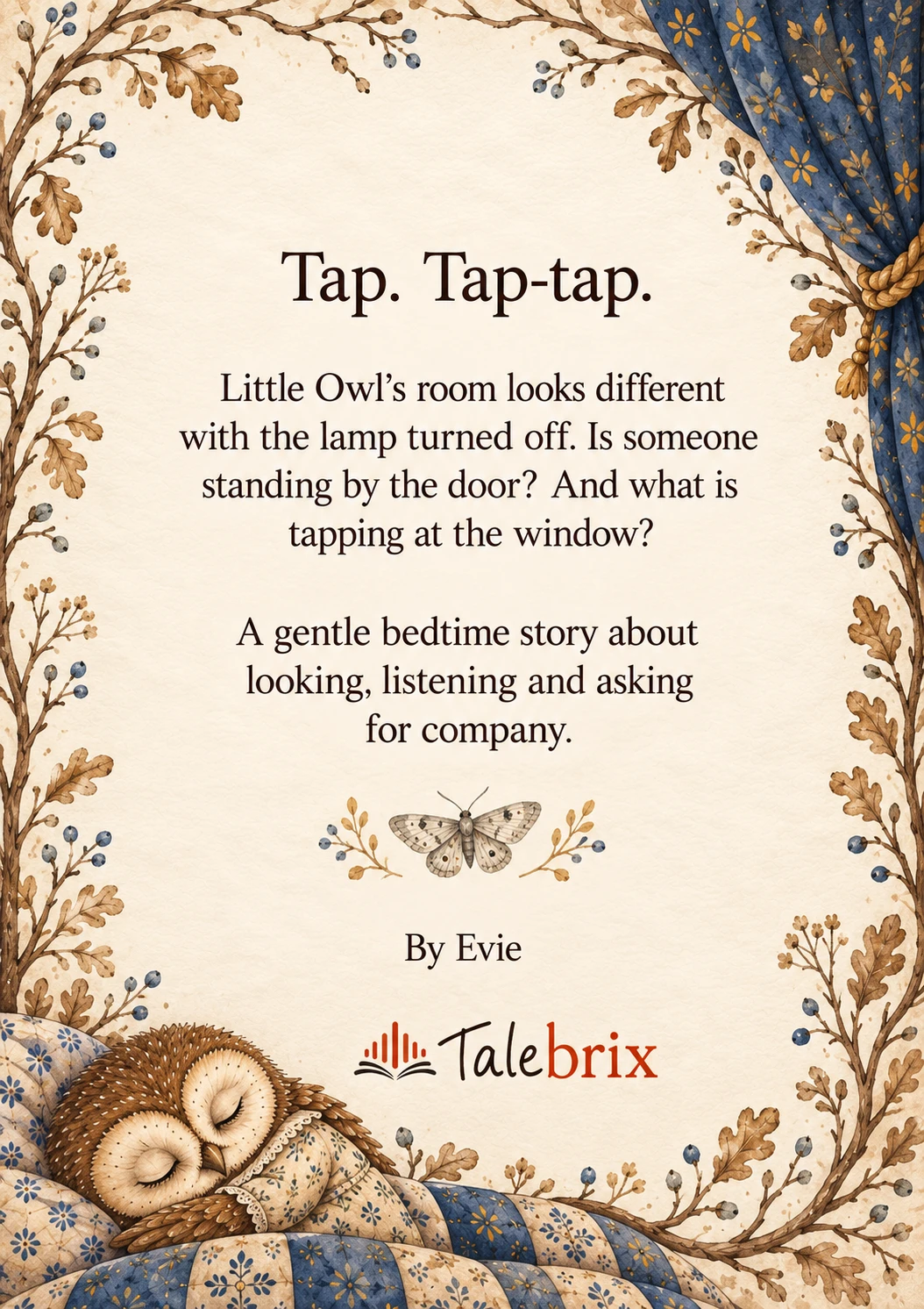 Back cover. Tap. Tap-tap.
Little Owl’s room looks different with the lamp turned off. Is someone standing by the door? And what is tapping at the window?
A gentle bedtime story about looking, listening and asking for company.