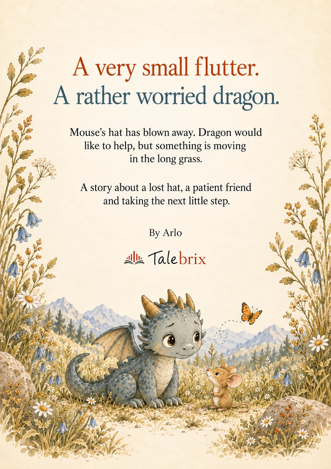 Back cover. A very small flutter.
A rather worried dragon.
Mouse’s hat has blown away. Dragon would like to help, but something is moving in the long grass.
A story about a lost hat, a patient friend and taking the next little step.
