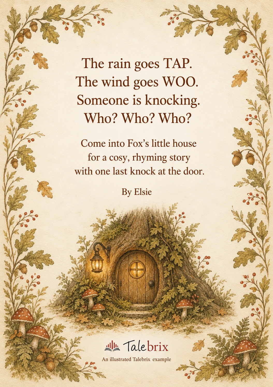 Back cover. The rain goes TAP.
The wind goes WOO.
Someone is knocking.
Who? Who? Who?
Come into Fox’s little house
for a cosy, rhyming story
with one last knock at the door.
