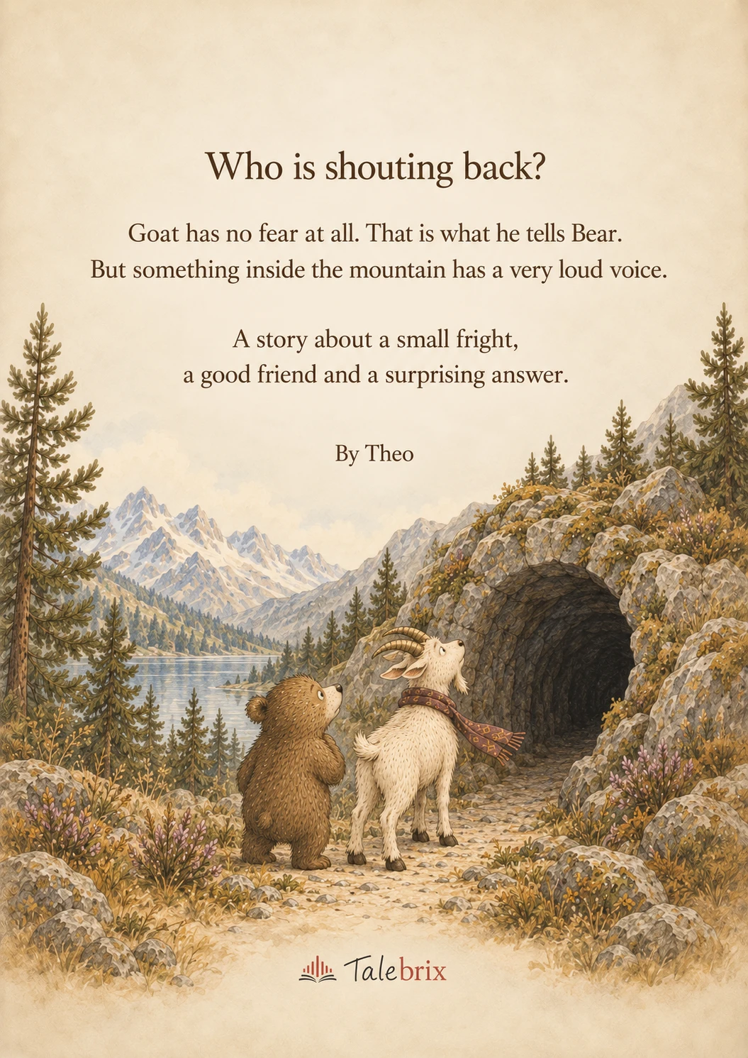 Back cover. Who is shouting back?
Goat has no fear at all. That is what he tells Bear.
But something inside the mountain has a very loud voice.
A story about a small fright, a good friend and a surprising answer.