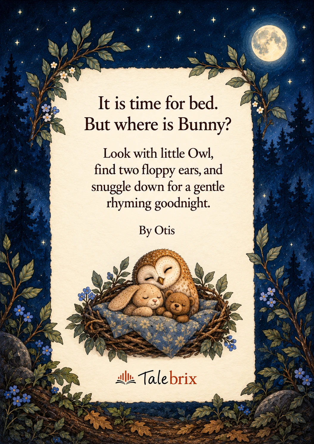 Back cover. It is time for bed.
But where is Bunny?
Look with little Owl, find two floppy ears, and snuggle down for a gentle rhyming goodnight.
