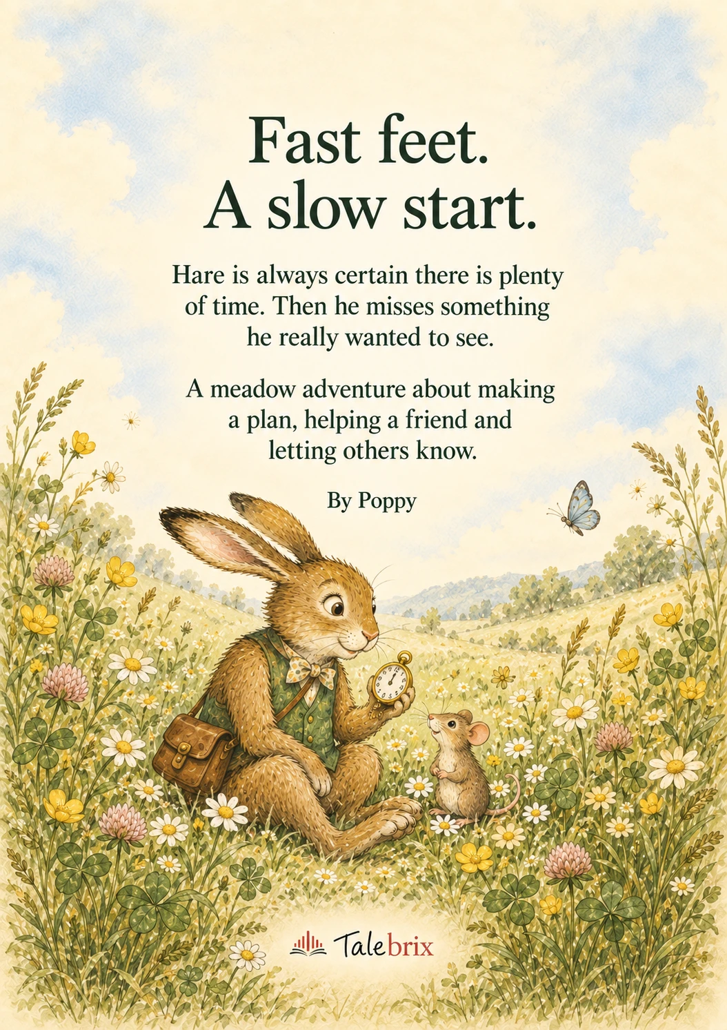 Back cover. Fast feet.
A slow start.
Hare is always certain there is plenty of time. Then he misses something he really wanted to see.
A meadow adventure about making a plan, helping a friend and letting others know.