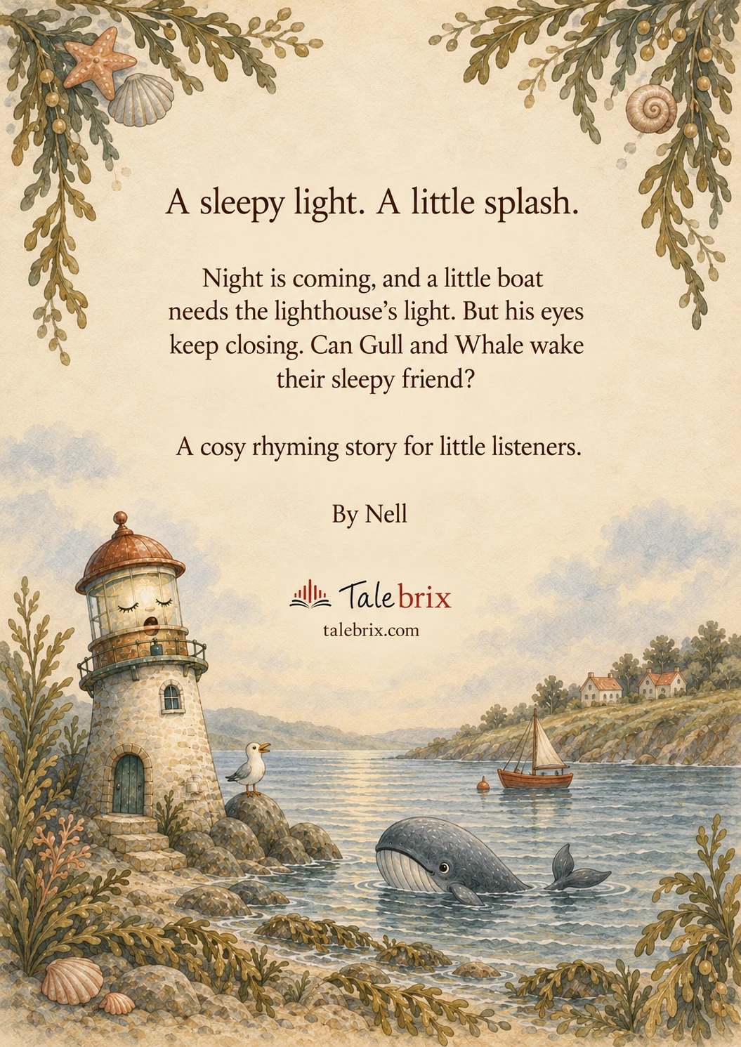 Back cover. A sleepy light. A little splash.
Night is coming, and a little boat needs the lighthouse’s light. But his eyes keep closing. Can Gull and Whale wake their sleepy friend?
A cosy rhyming story for little listeners.