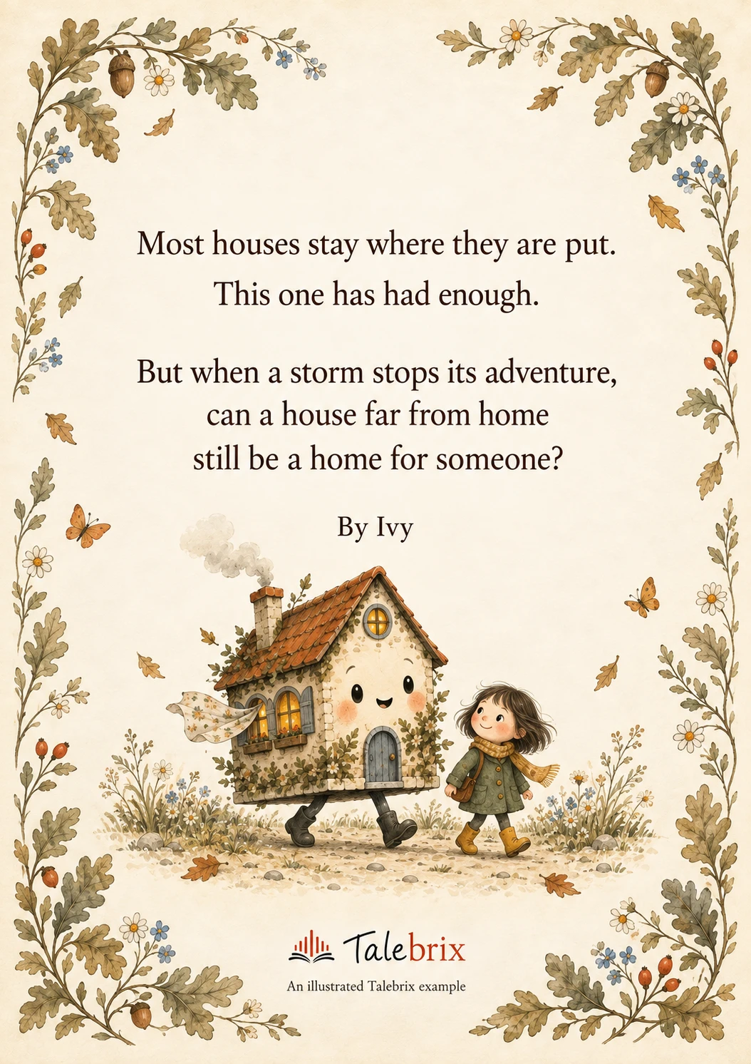 Back cover. Most houses stay where they are put.
This one has had enough.
But when a storm stops its adventure,
can a house far from home
still be a home for someone?