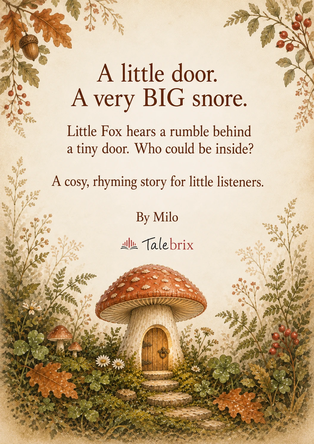 Back cover. Little Fox hears a rumble behind a tiny door. Who could be inside?
A cosy, rhyming story for little listeners.