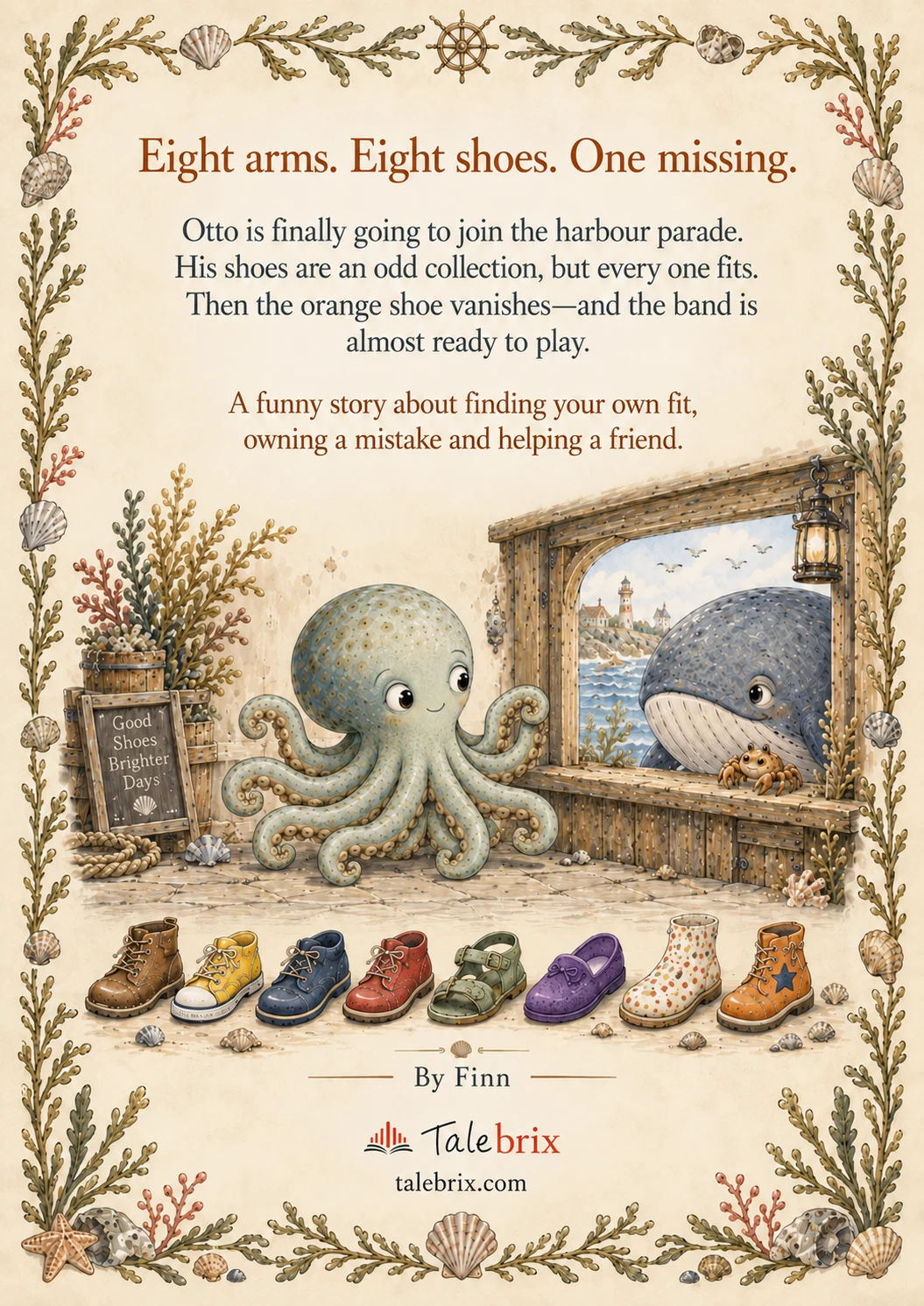 Back cover. Eight arms. Eight shoes. One missing.
Otto is finally going to join the harbour parade. His shoes are an odd collection, but every one fits. Then the orange shoe vanishes—and the band is almost ready to play.
A funny story about finding your own fit, owning a mistake and helping a friend.