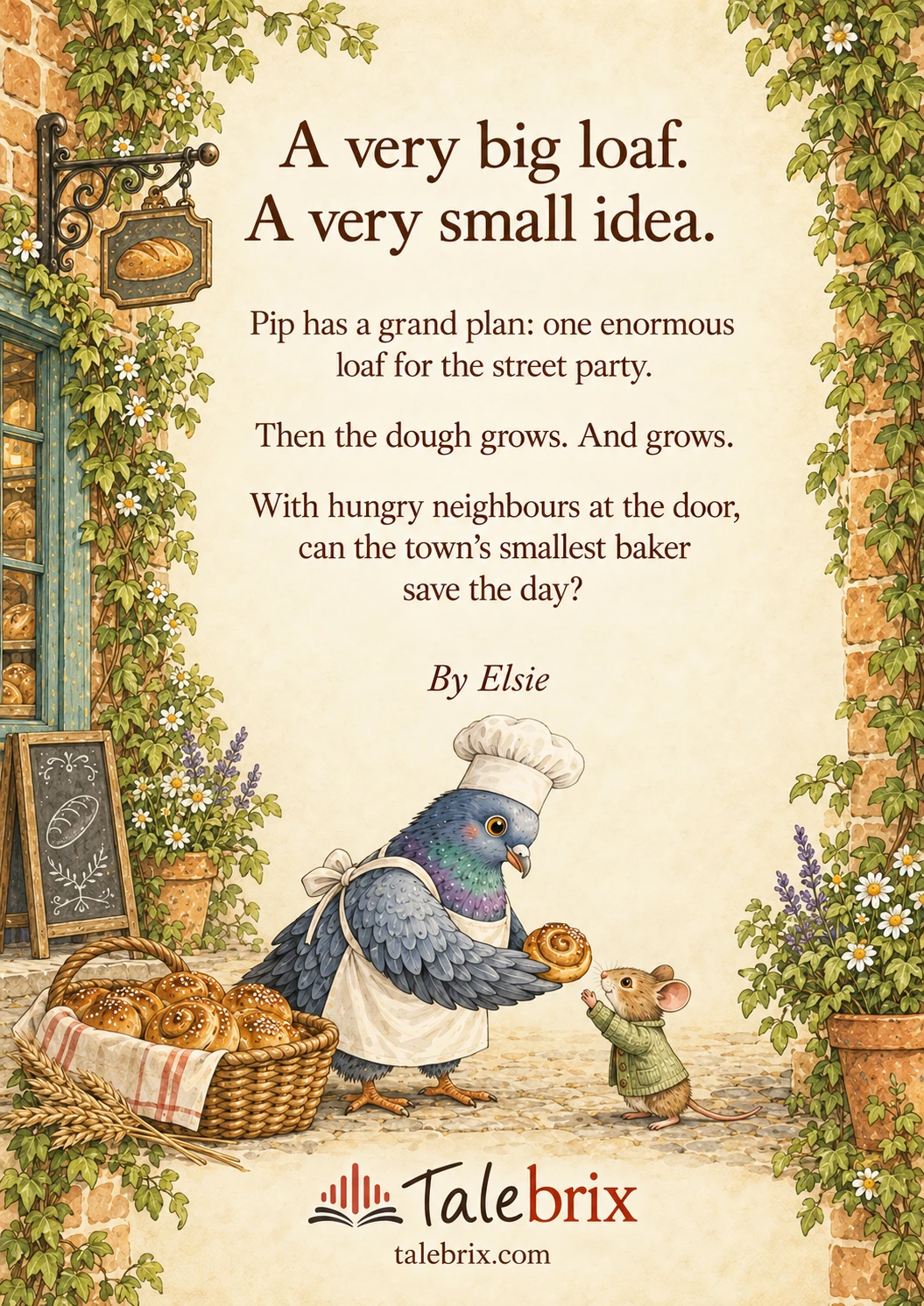 Back cover. Pip has a grand plan: one enormous loaf for the street party.
Then the dough grows. And grows.
With hungry neighbours at the door, can the town’s smallest baker save the day?