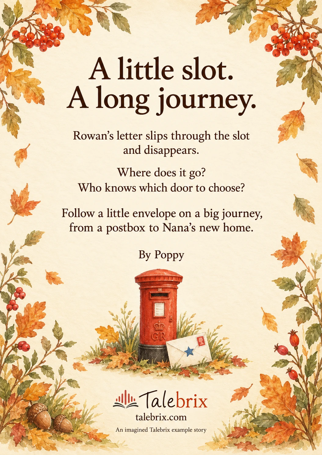Back cover. Rowan’s letter slips through the slot and disappears.
Where does it go? Who knows which door to choose?
Follow a little envelope on a big journey, from a postbox to Nana’s new home.