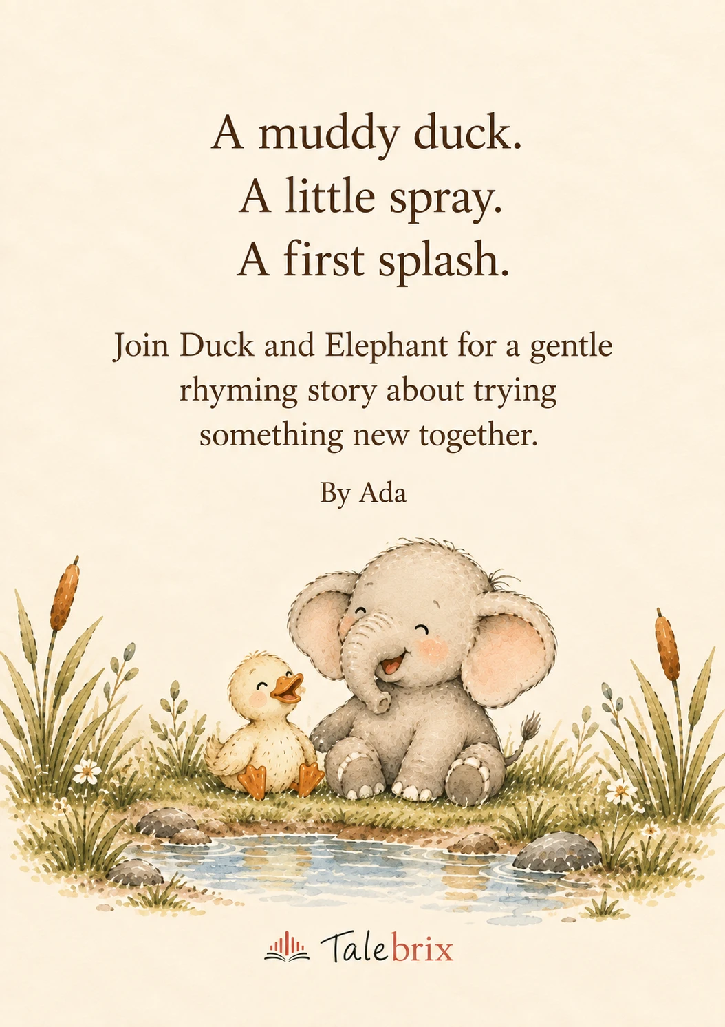 Back cover. A muddy duck.
A little spray.
A first splash.
Join Duck and Elephant for a gentle rhyming story about trying something new together.