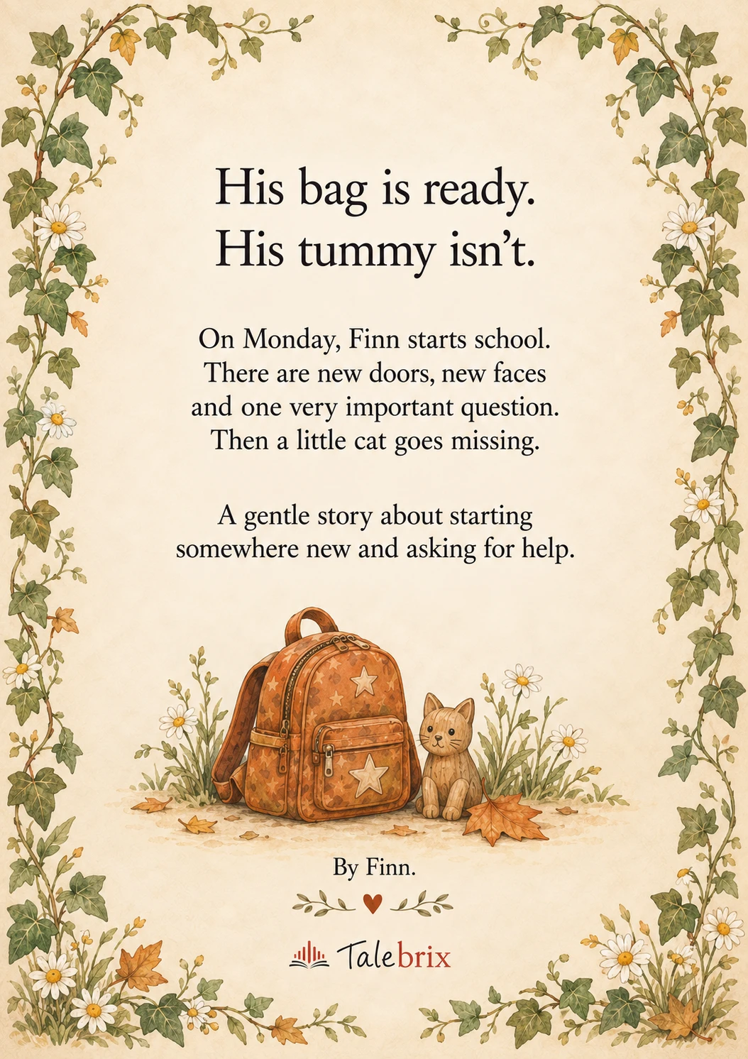 Back cover. His bag is ready.
His tummy isn’t.
On Monday, Finn starts school. There are new doors, new faces and one very important question. Then a little cat goes missing.
A gentle story about starting somewhere new and asking for help.