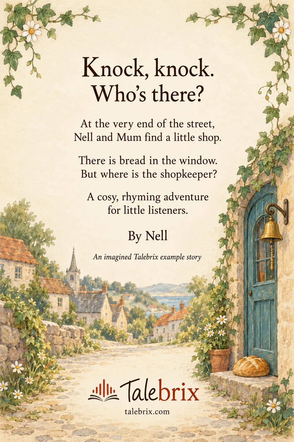 Back cover. At the very end of the street, Nell and Mum find a little shop.
There is bread in the window. But where is the shopkeeper?
A cosy, rhyming adventure for little listeners.