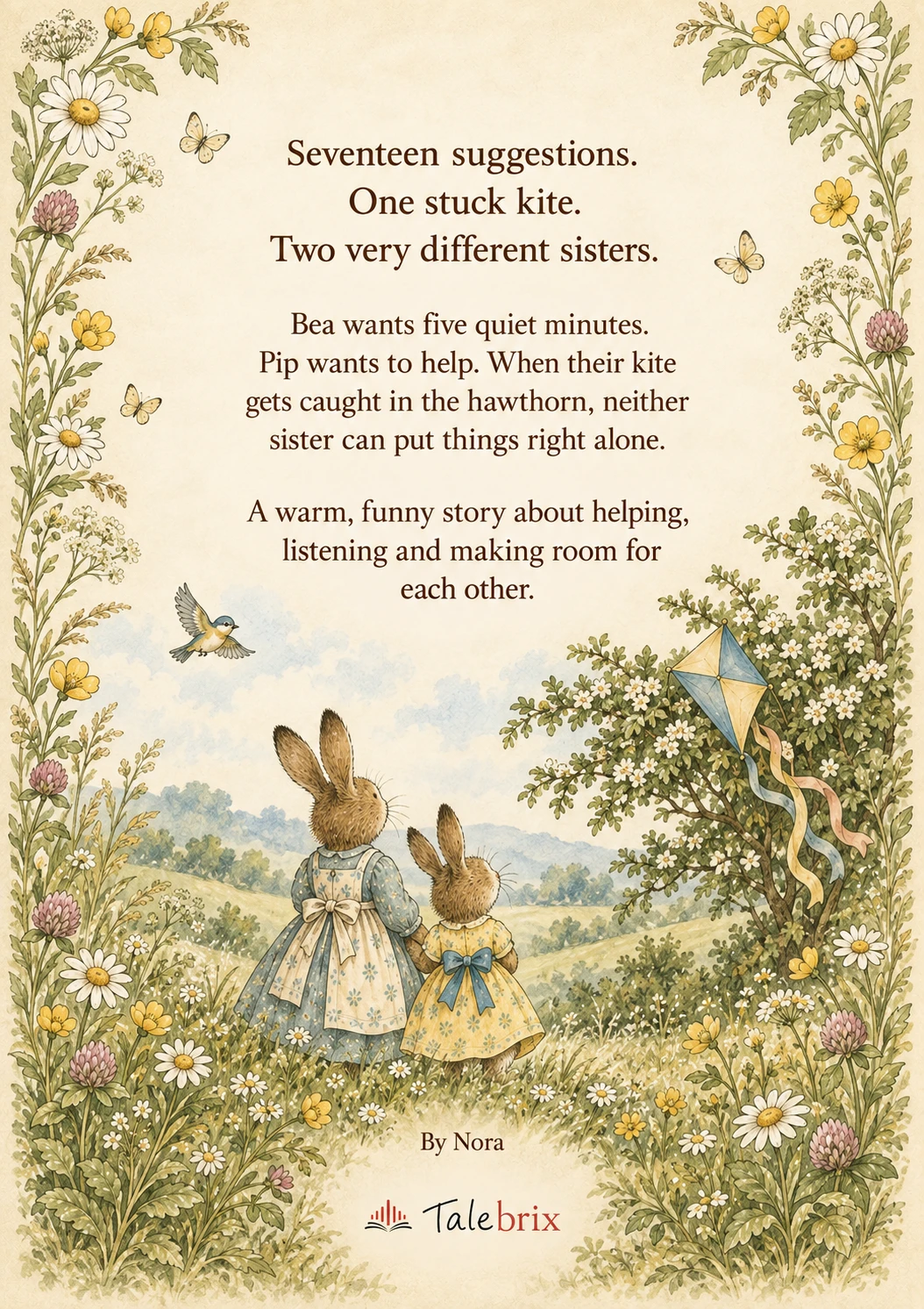 Back cover. Seventeen suggestions.
One stuck kite.
Two very different sisters.
Bea wants five quiet minutes. Pip wants to help. When their kite gets caught in the hawthorn, neither sister can put things right alone.
A warm, funny story about helping, listening and making room for each other.