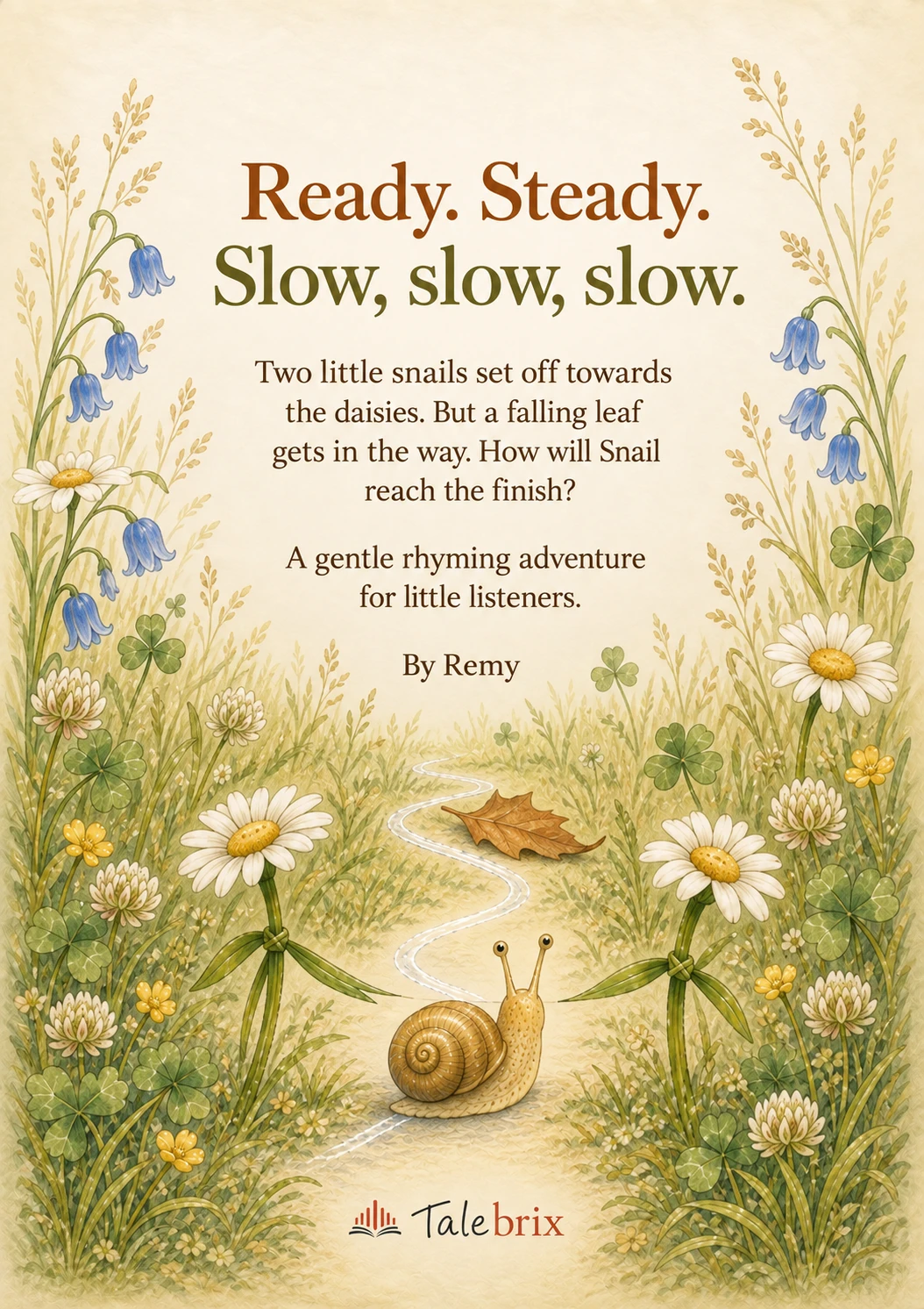 Back cover. Ready. Steady.
Slow, slow, slow.
Two little snails set off towards the daisies. But a falling leaf gets in the way. How will Snail reach the finish?
A gentle rhyming adventure for little listeners.