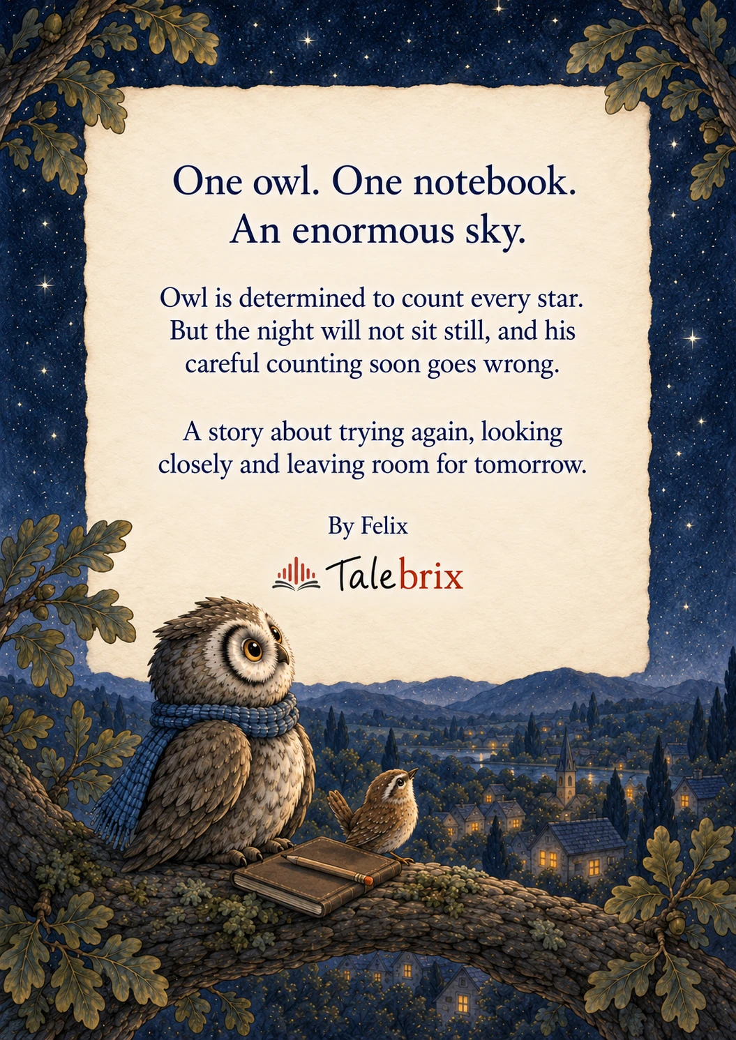 Back cover. One owl. One notebook.
An enormous sky.
Owl is determined to count every star. But the night will not sit still, and his careful counting soon goes wrong.
A story about trying again, looking closely and leaving room for tomorrow.