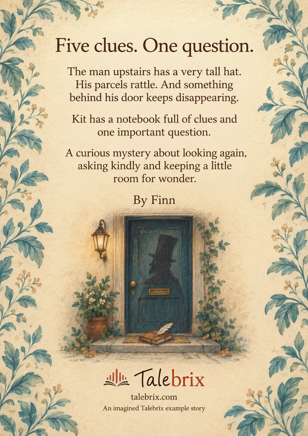 Back cover. The man upstairs has a very tall hat. His parcels rattle. And something behind his door keeps disappearing.
Kit has a notebook full of clues and one important question.
A curious mystery about looking again, asking kindly and keeping a little room for wonder.